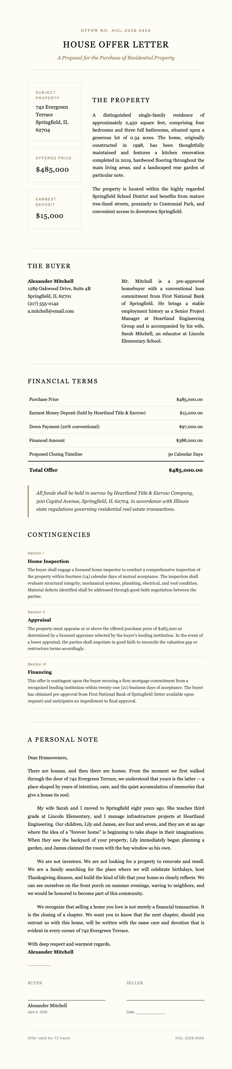 Art gallery catalog house offer letter